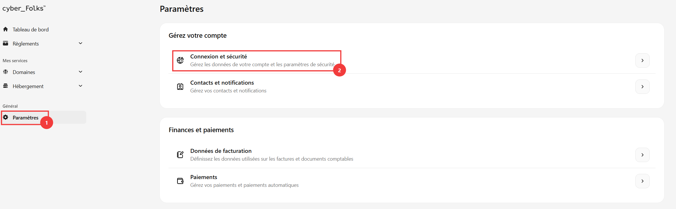 Onglet Paramètres et option Connexion et sécurité