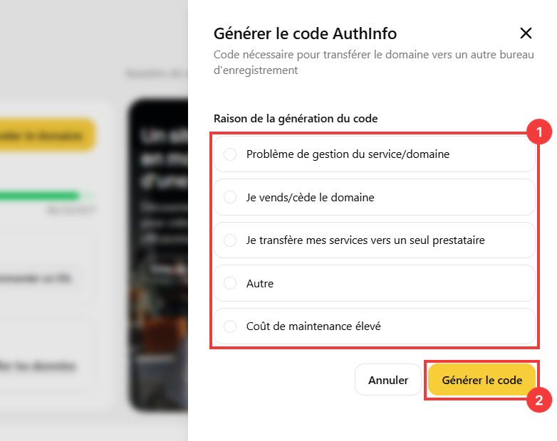Choix de la raison de la génération du code et bouton Générer le code