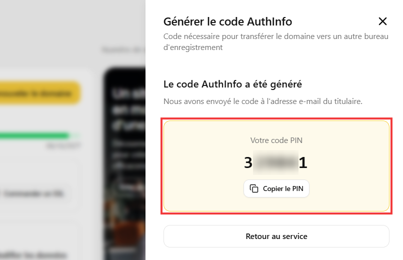 Code AuthInfo généré et bouton Copier le PIN