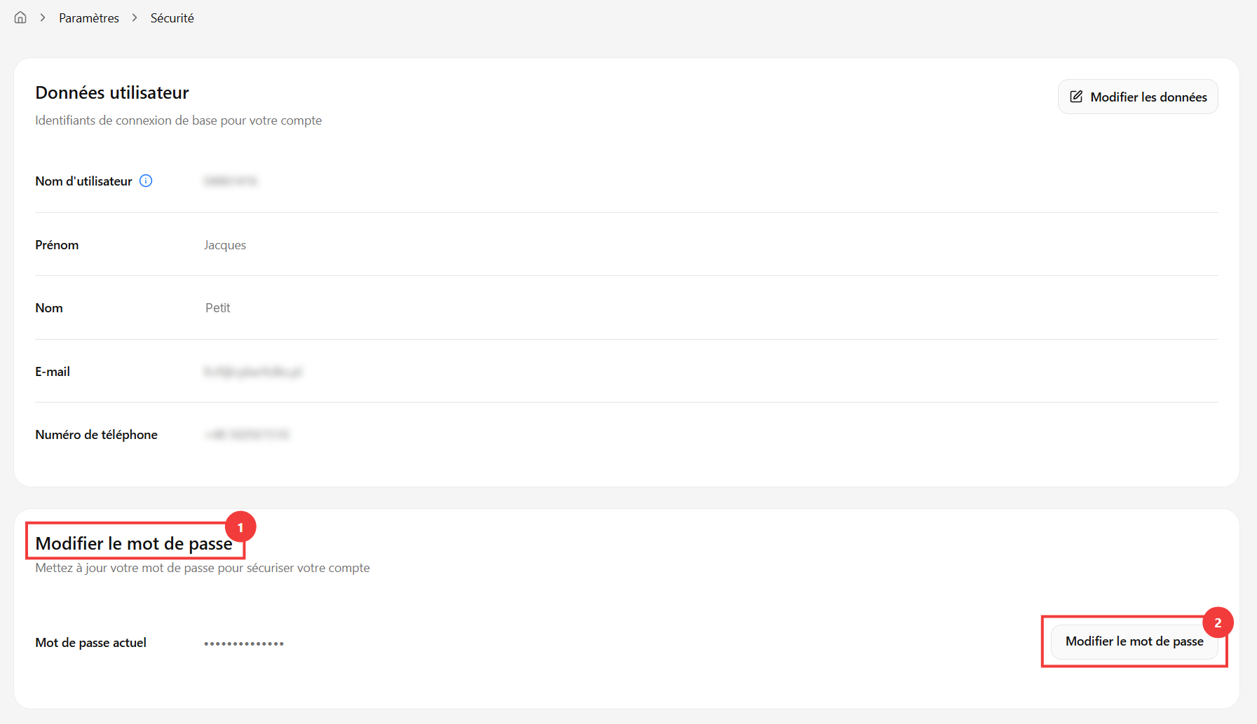 Section et bouton Modifier le mot de passe
