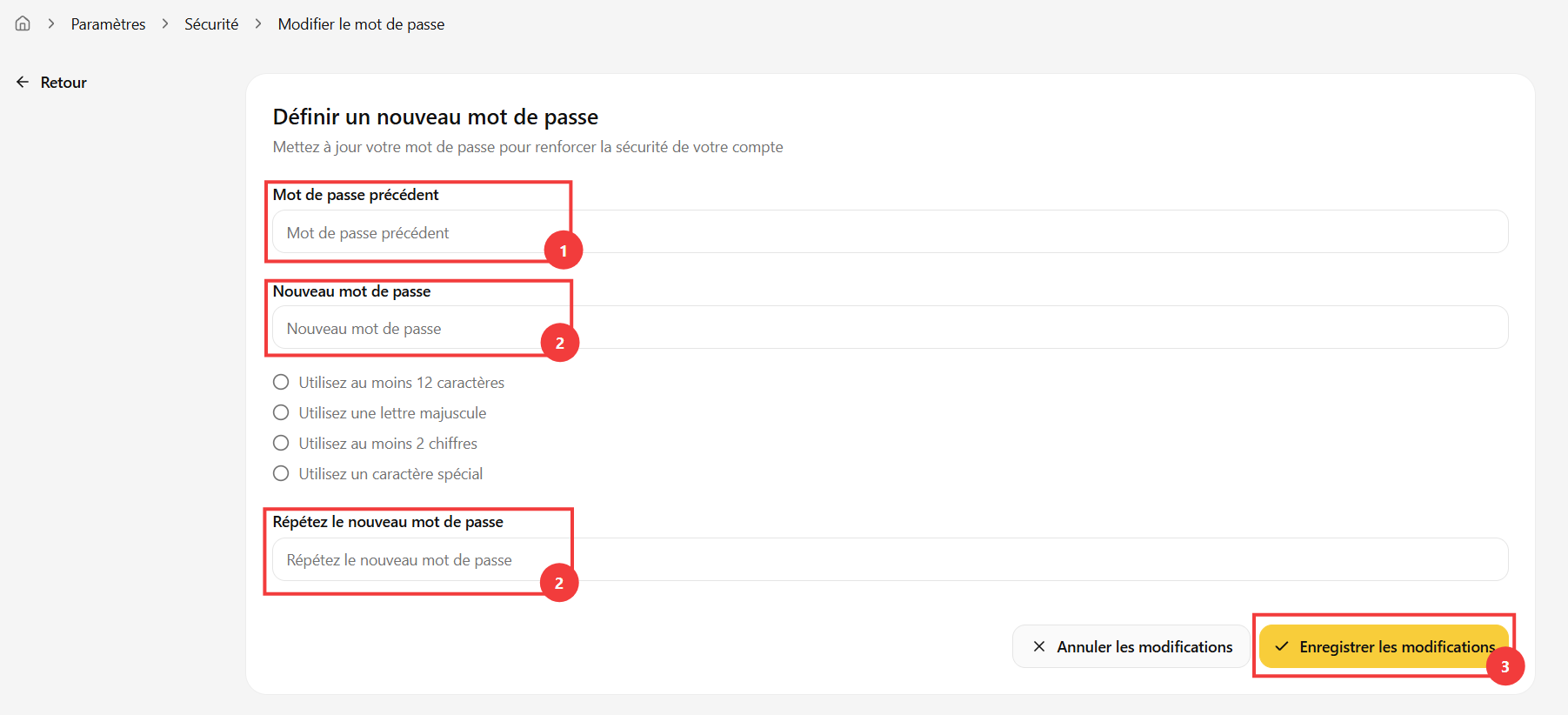 Formulaire Définir un nouveau mot de passe