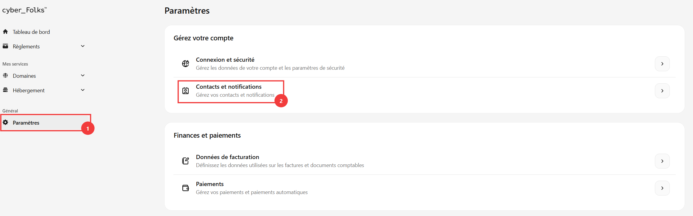 Onglet Paramètres et option Contacts et notifications