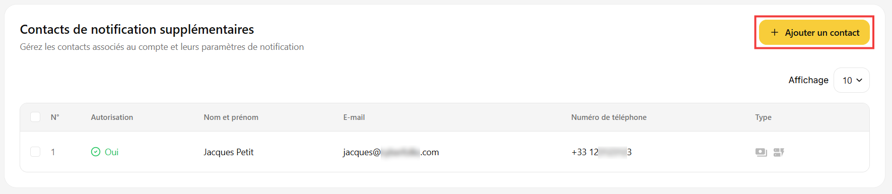 Bouton Ajouter un contact