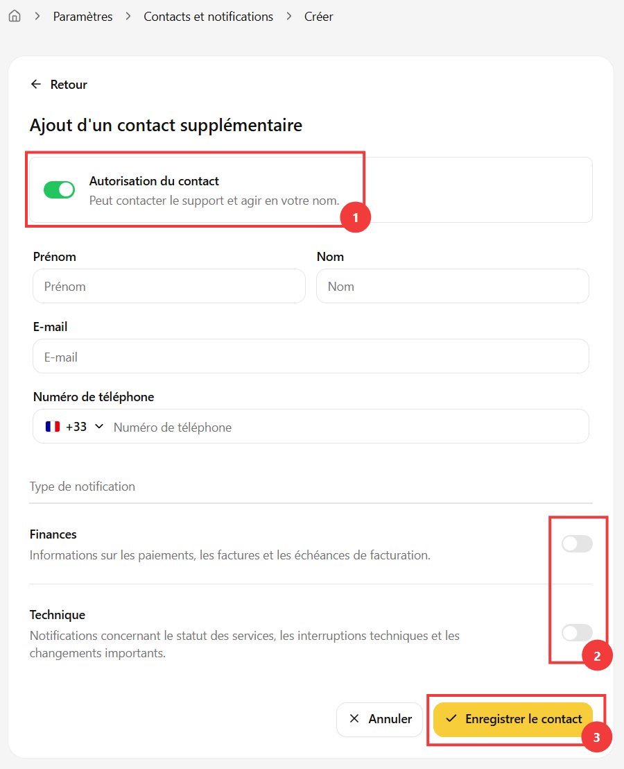 Formulaire Ajout d'un contact supplémentaire