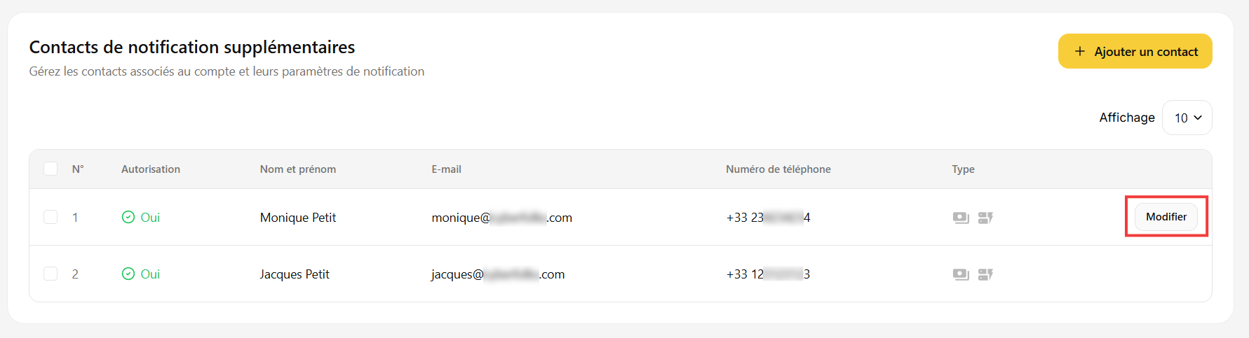 Bouton Modifier à côté d'un contact supplémentaire