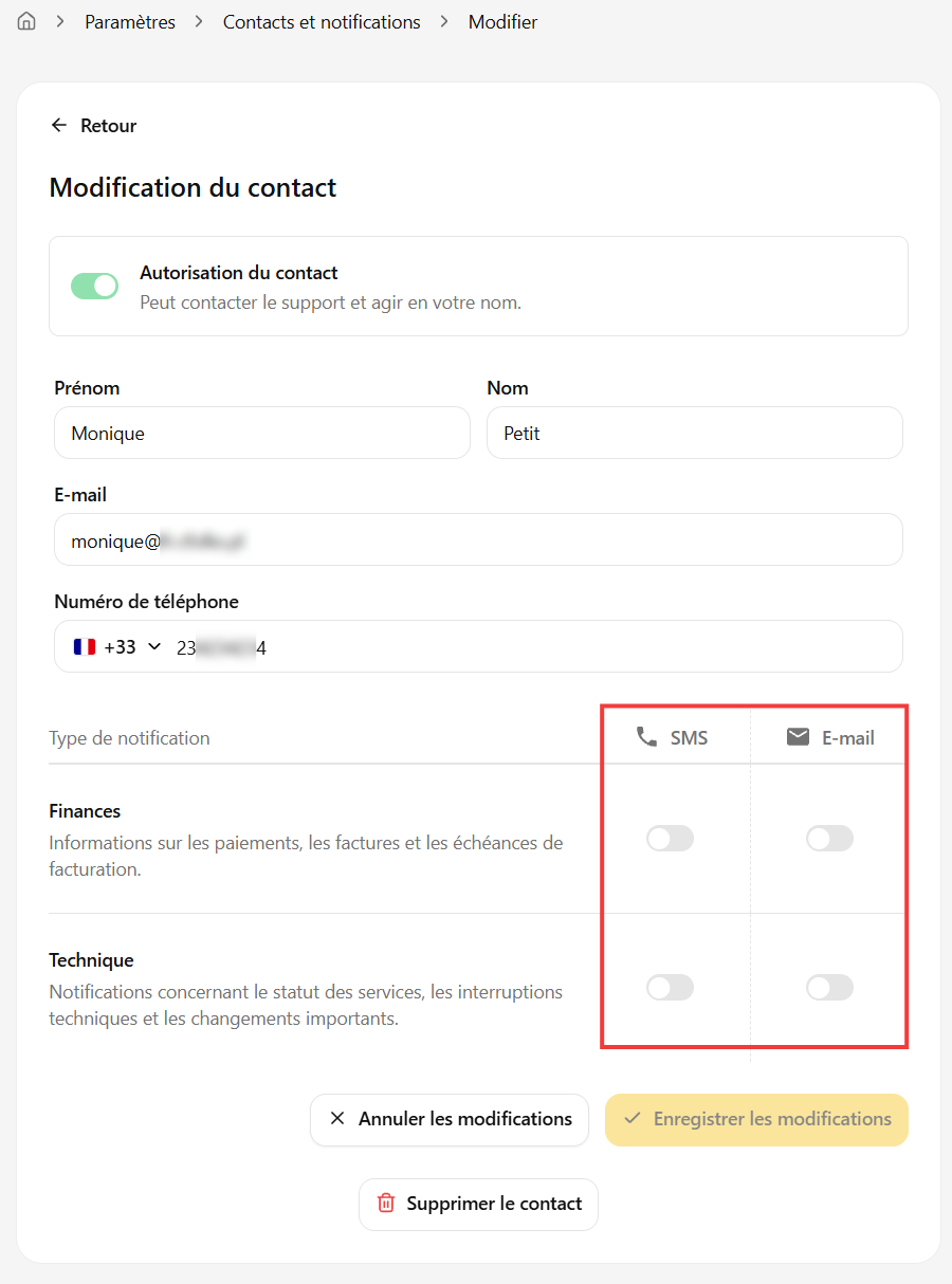Formulaire Modification du contact avec les types de notification