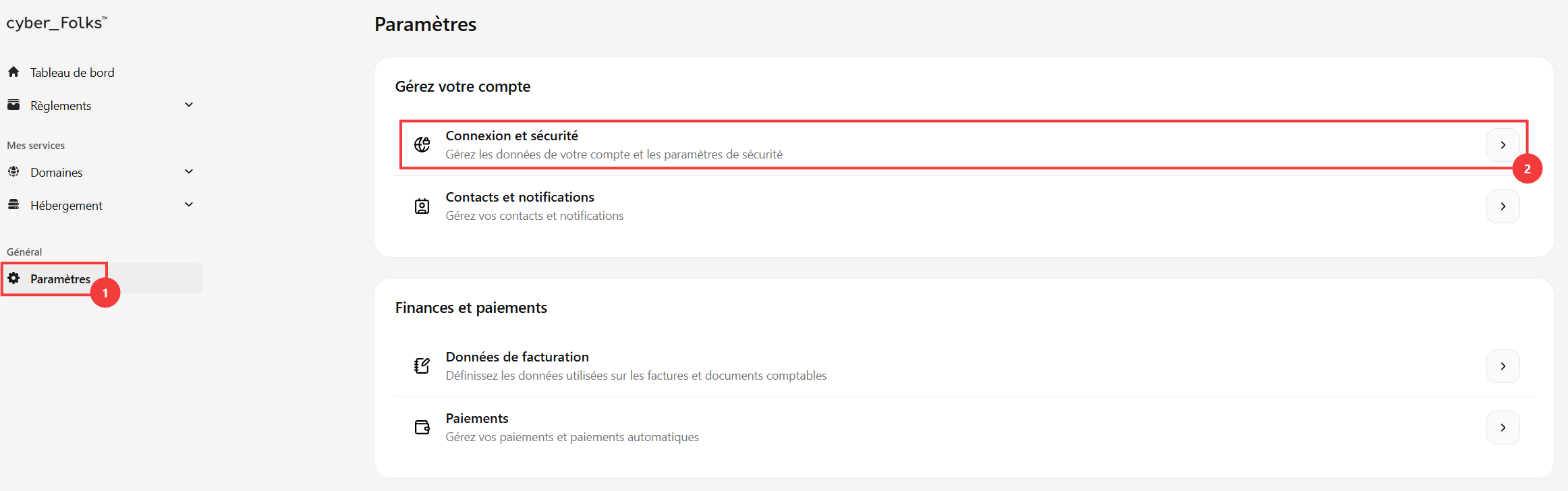 Onglet Paramètres et option Connexion et sécurité