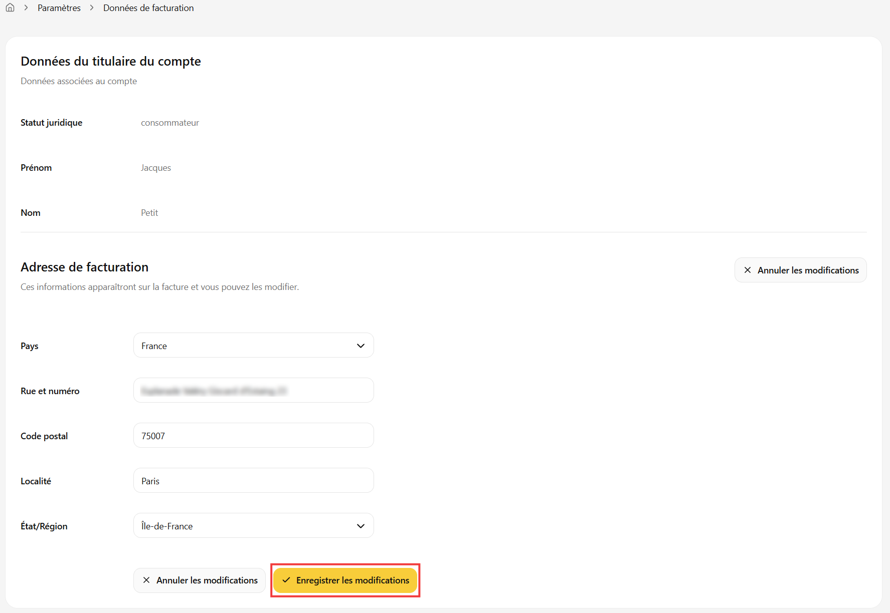 Formulaire Adresse de facturation et bouton Enregistrer les modifications
