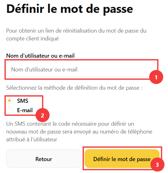 Formulaire Définir le mot de passe avec le choix de la méthode