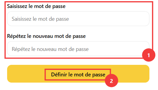 Saisie du nouveau mot de passe après le lien reçu par e-mail