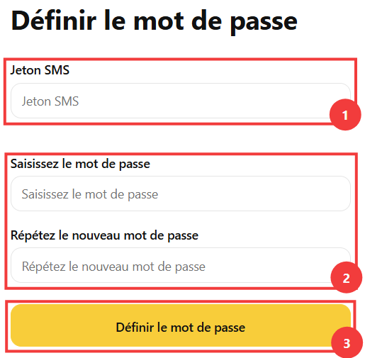 Saisie du jeton SMS et du nouveau mot de passe