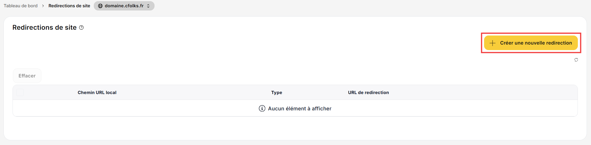Bouton Créer une nouvelle redirection