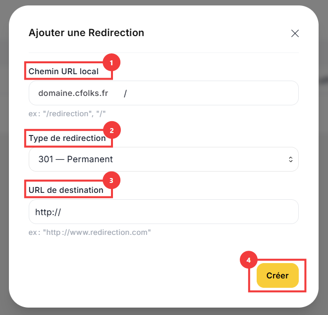 Formulaire Ajouter une Redirection