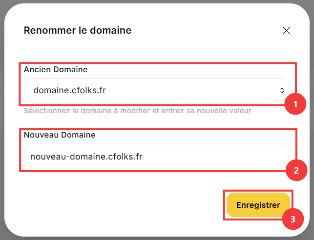 Formulaire Renommer le domaine