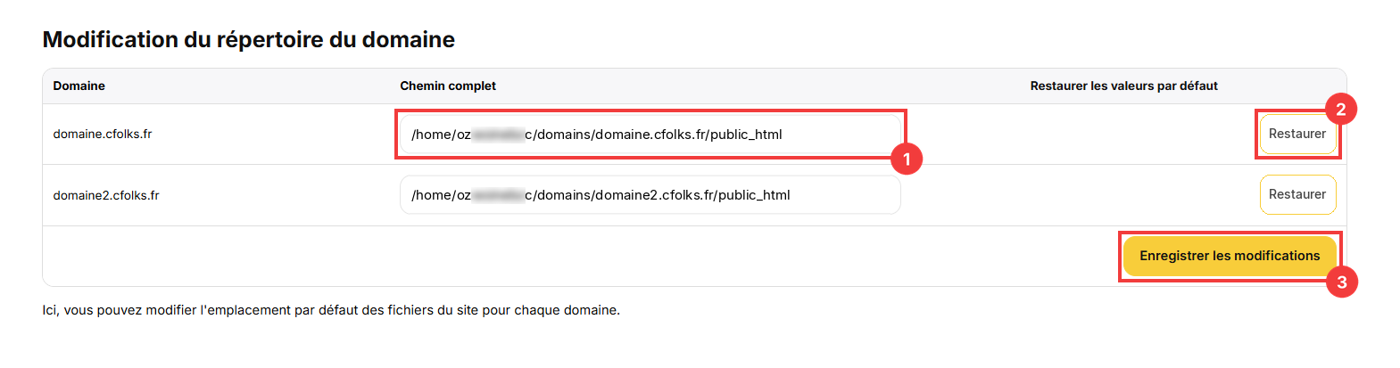 Liste Modification du répertoire du domaine avec le champ Chemin complet