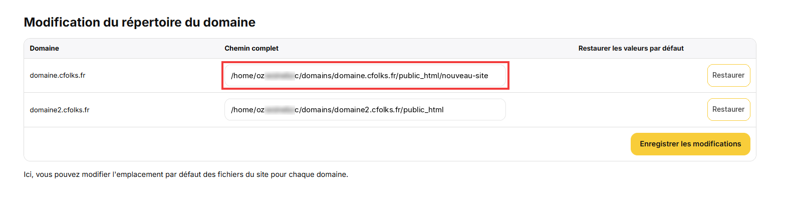 Nouveau chemin du répertoire du domaine après l'enregistrement