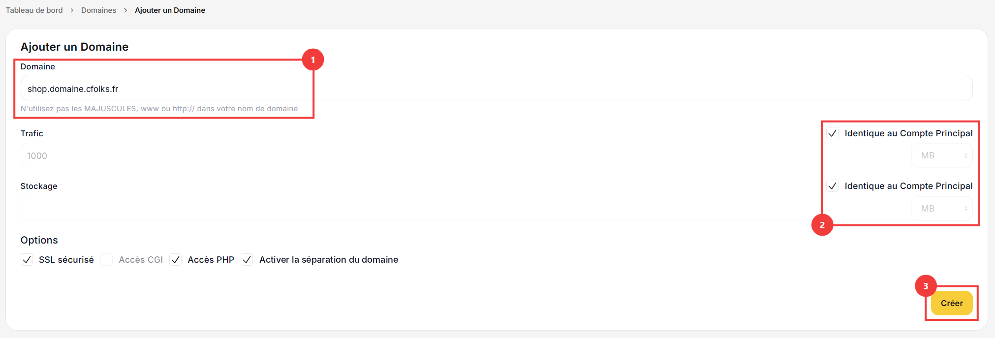 Formulaire Ajouter un Domaine avec le sous-domaine shop.domaine.cfolks.fr