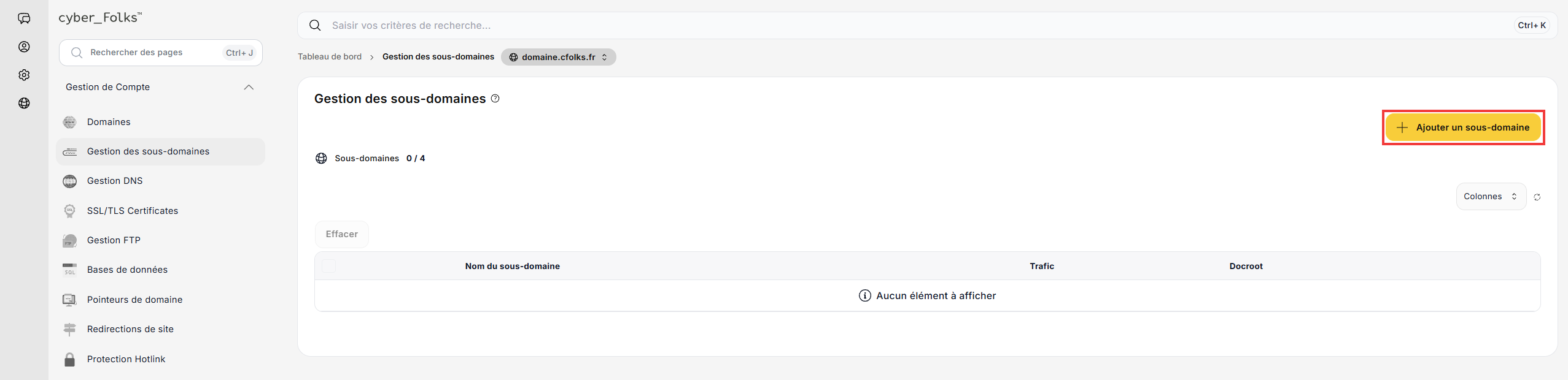 Bouton Ajouter un sous-domaine
