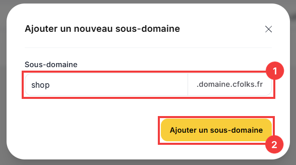 Fenêtre Ajouter un nouveau sous-domaine