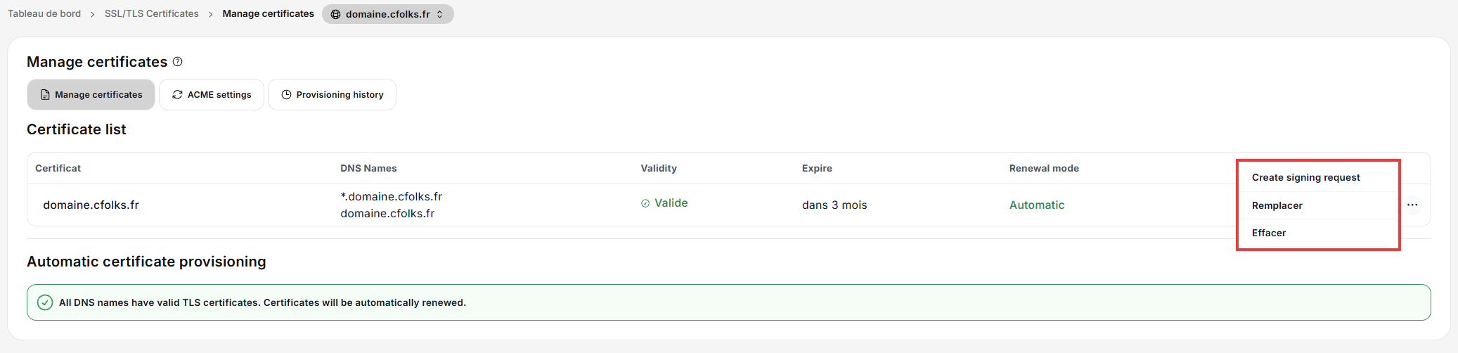 Menu du certificat avec les options Remplacer et Effacer