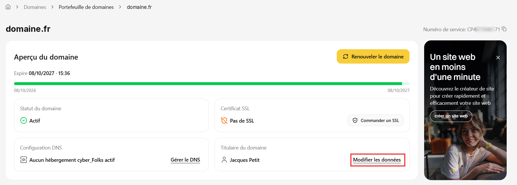 Aperçu du domaine et lien Modifier les données dans la section Titulaire du domaine